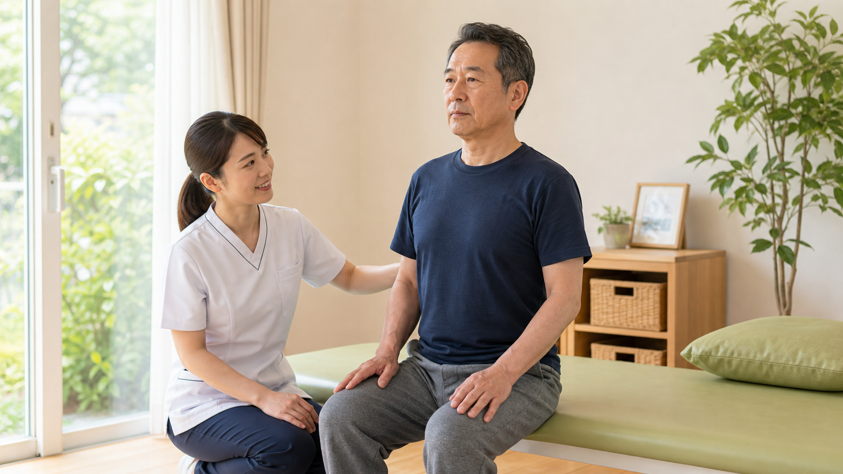 座った姿勢で体幹を安定させる練習の場面