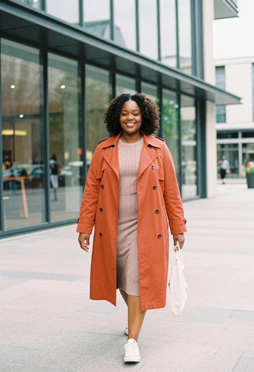 Terracotta trench coat open over striped midi dress city plaza plus-size spring