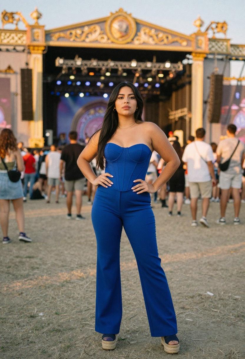 Woman in cobalt blue corset and wide-leg trousers at a bold promposal moment