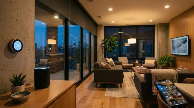 Modern living room at dusk with glowing smart devices creating warm ambient atmosphere