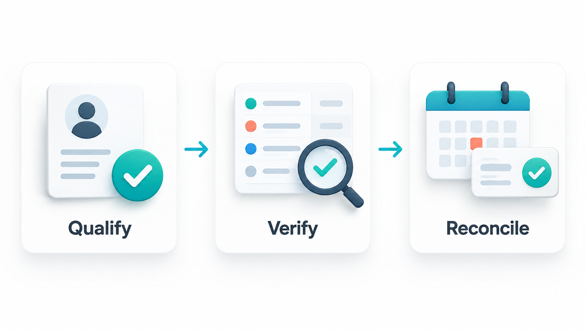 Referral evidence workflow showing qualification, verification, and payment reconciliation