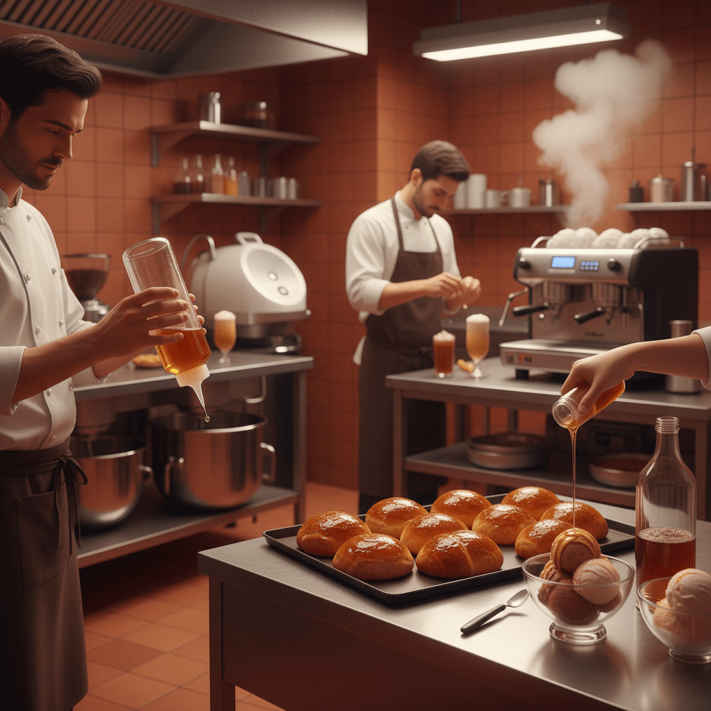 Glycerine used in a clean food production setting with bakery, dessert, and beverage elements