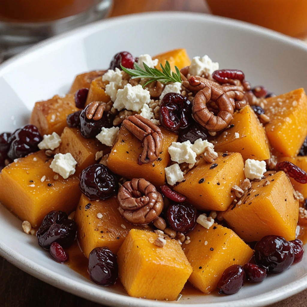 Roasted Butternut Squash with Cranberries, Pecans, and Feta