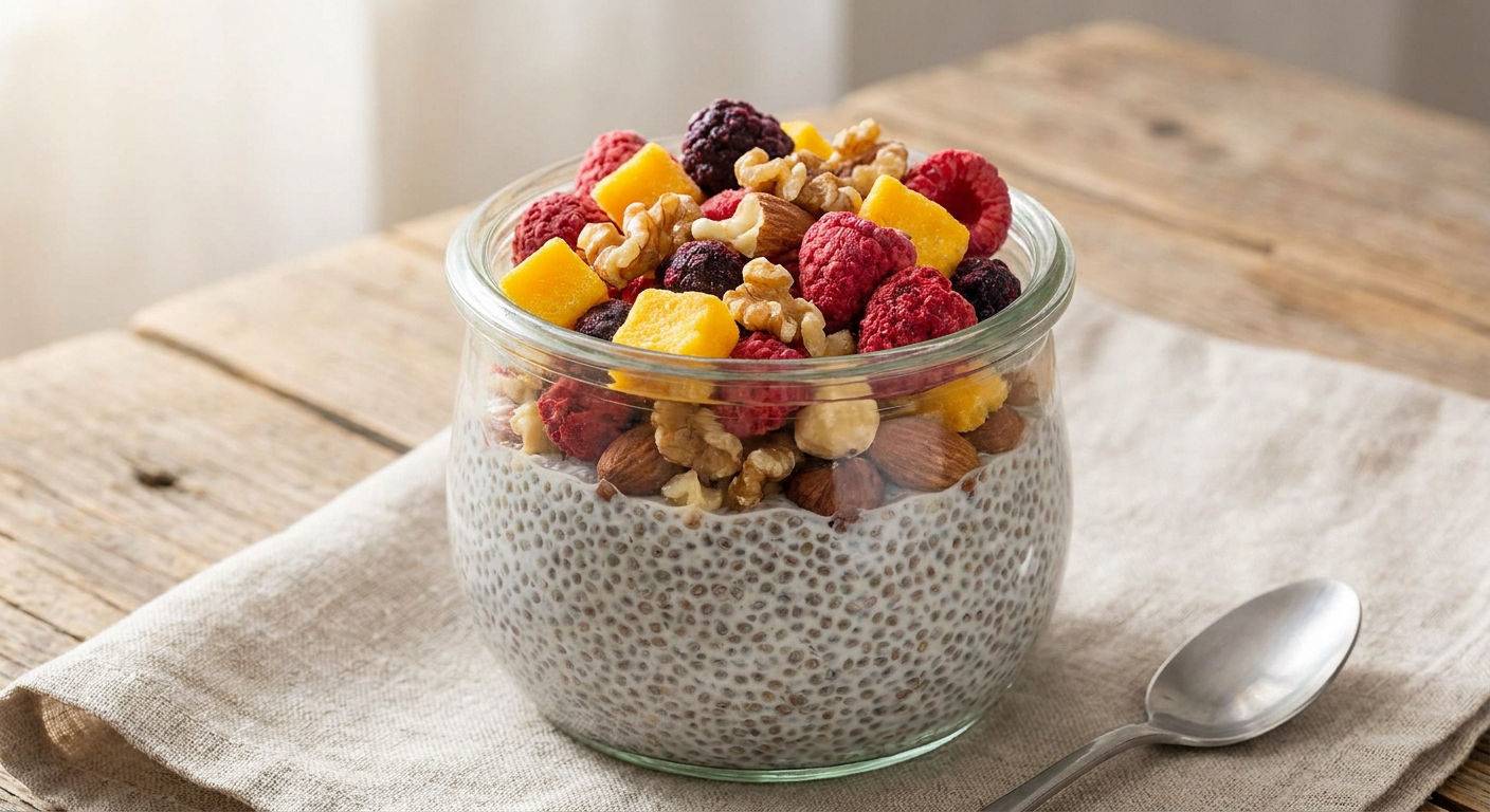 Pudding chia z liofilizowanymi owocami i orzechami.