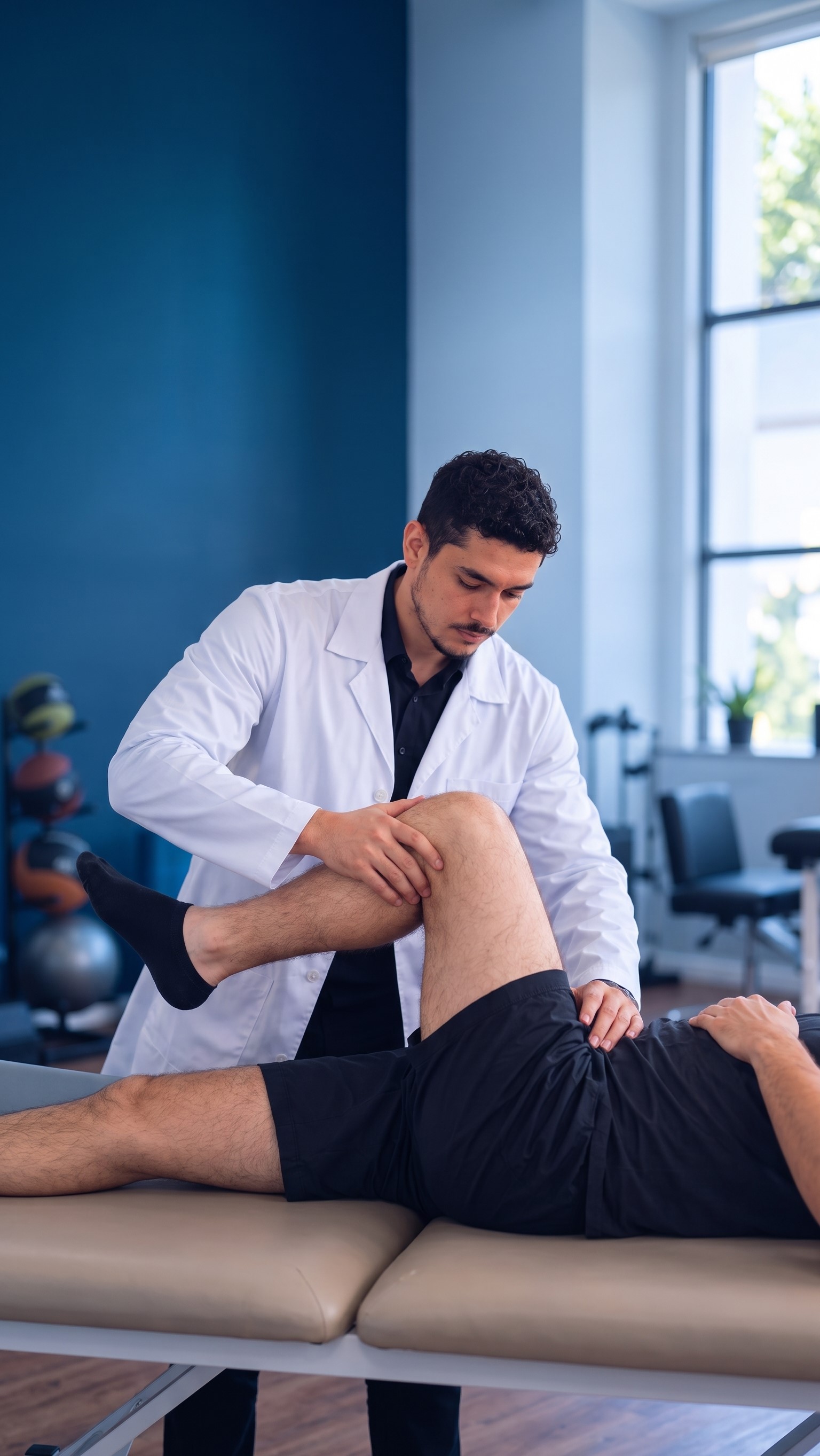 Fisioterapeuta realizando atendimento e reabilitação domiciliar com paciente