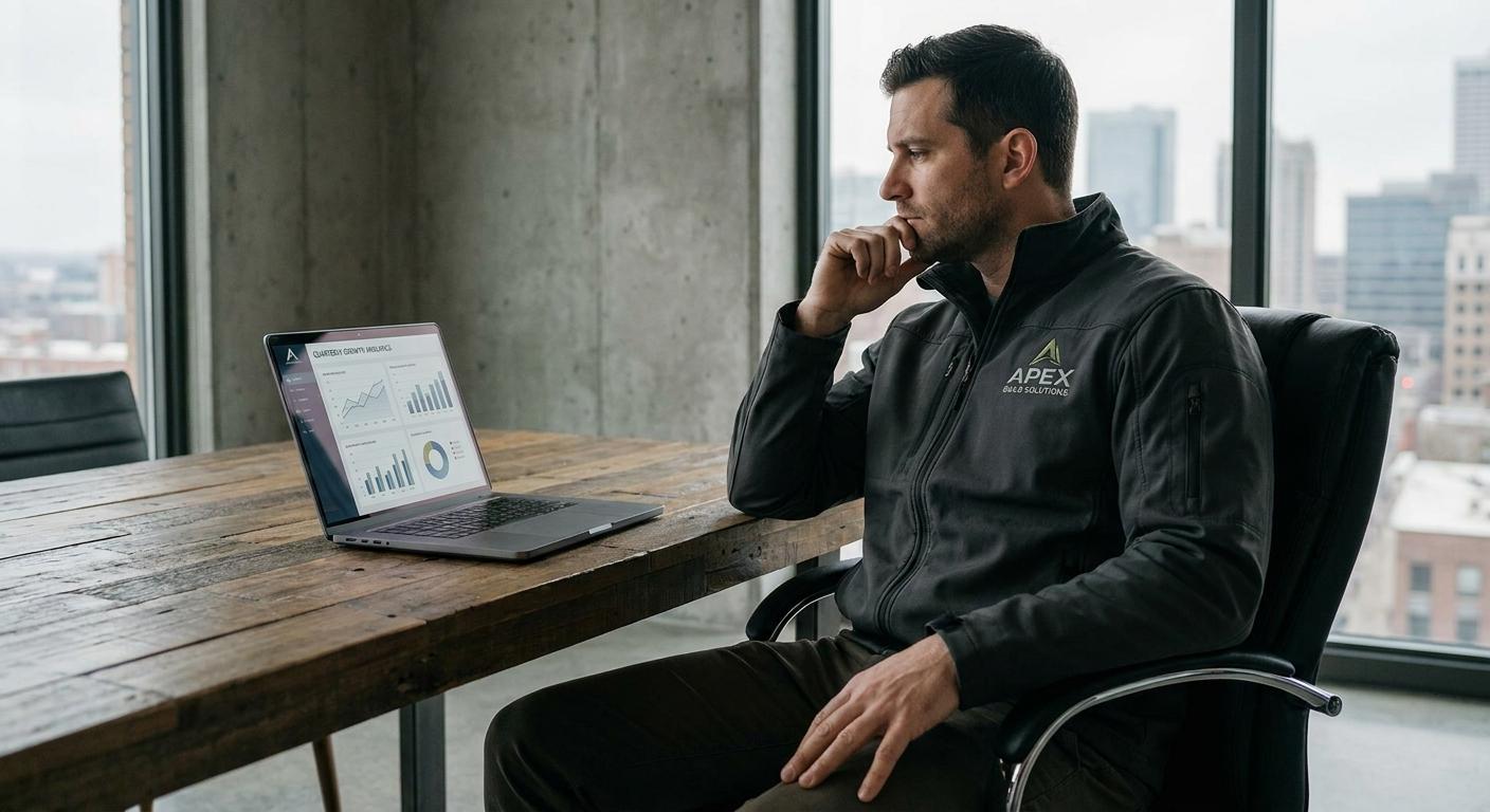 A contractor looking at business analytics on a laptop.