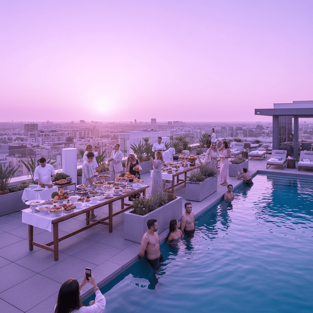 Boutique hotel guests creating authentic social content at sunrise and rooftop pool