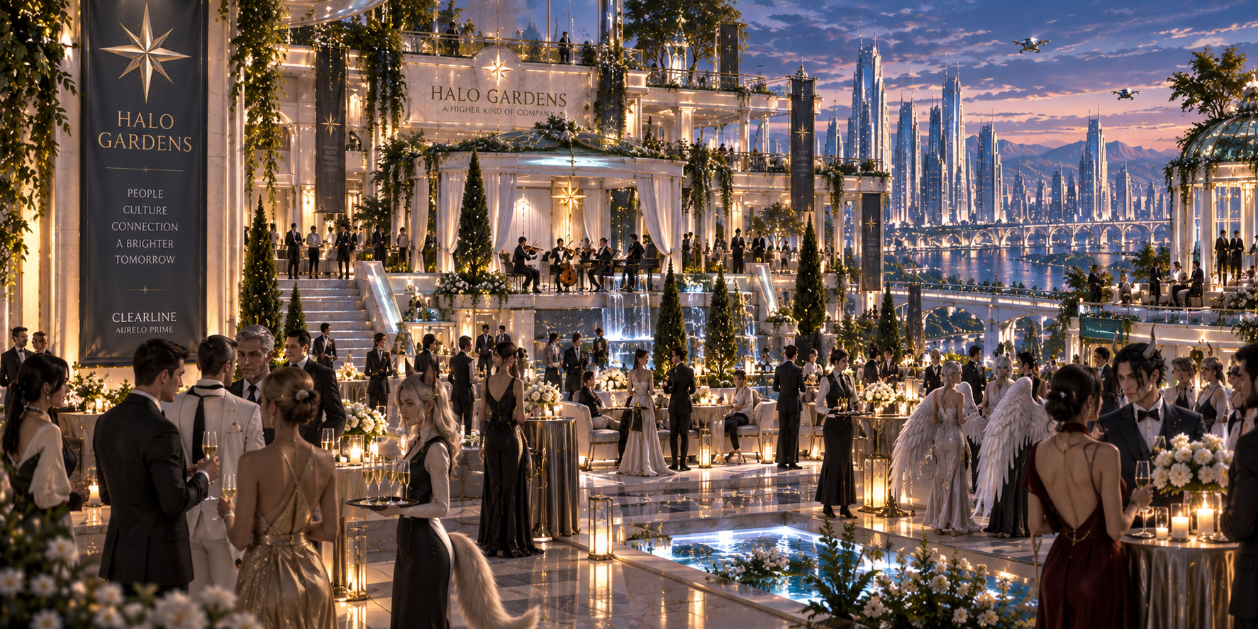 An elite evening reception at Halo Gardens in Clearline District.