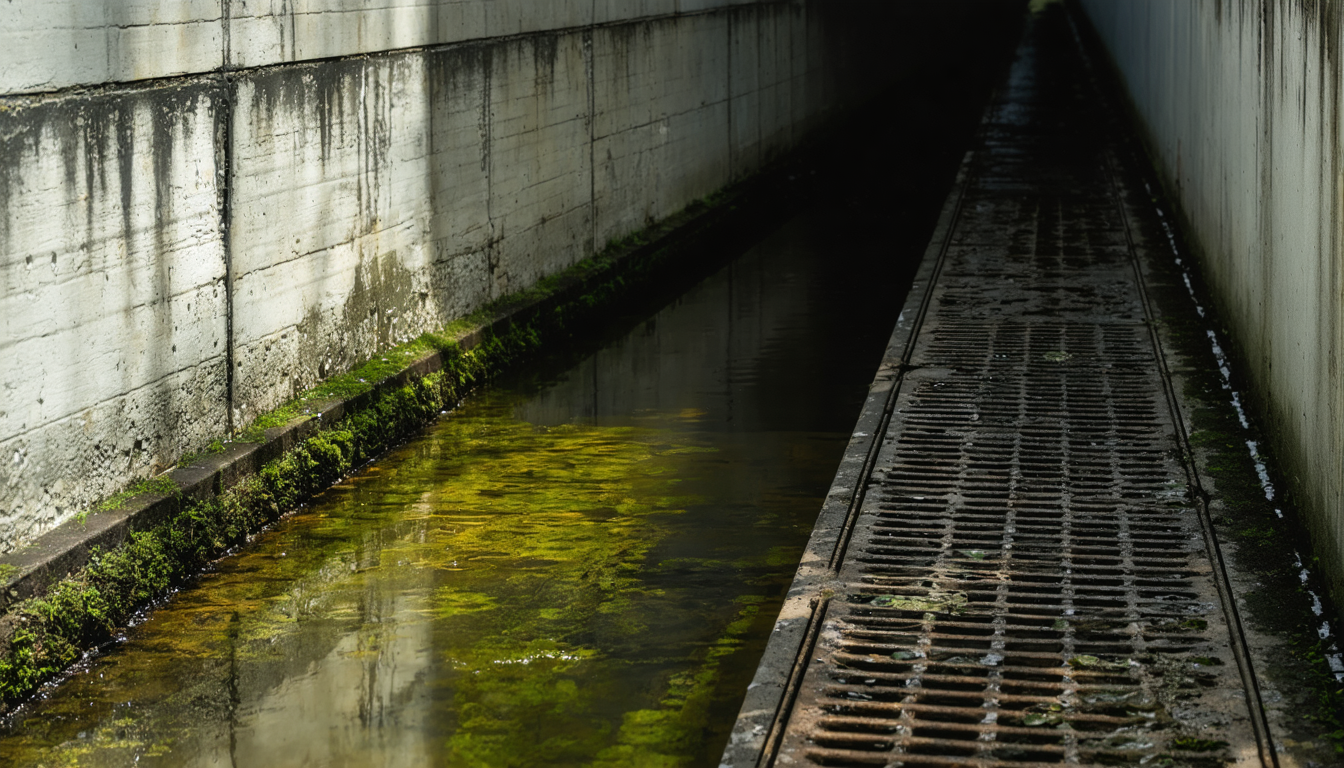 A shallow creek flowing through a concrete urban culvert, partially hidden beneath a city sidewalk, with morning light filtering through a drainage grate above.