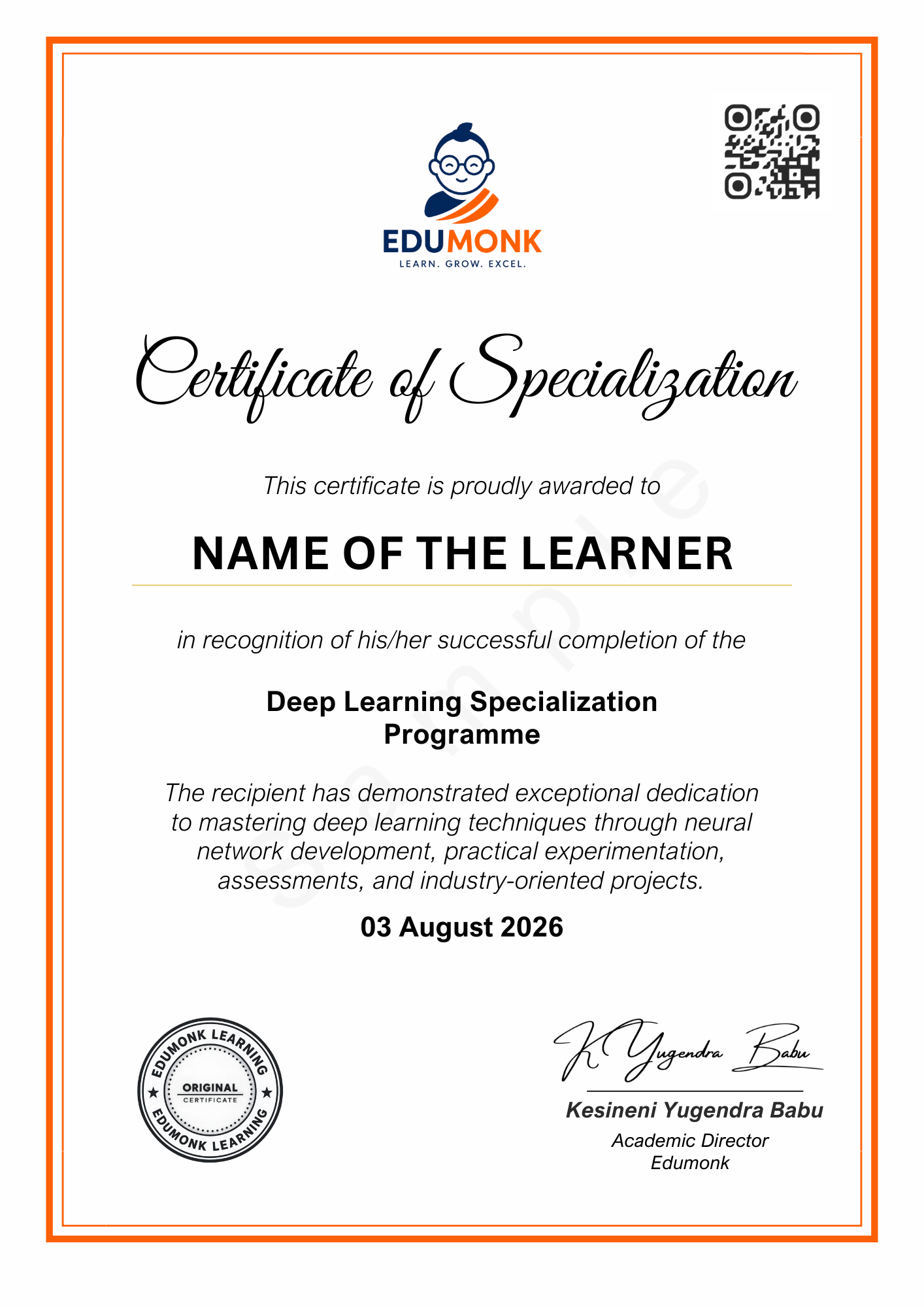 Sample EduMonk Deep Learning Certificate of Specialisation showing the programme credential layout