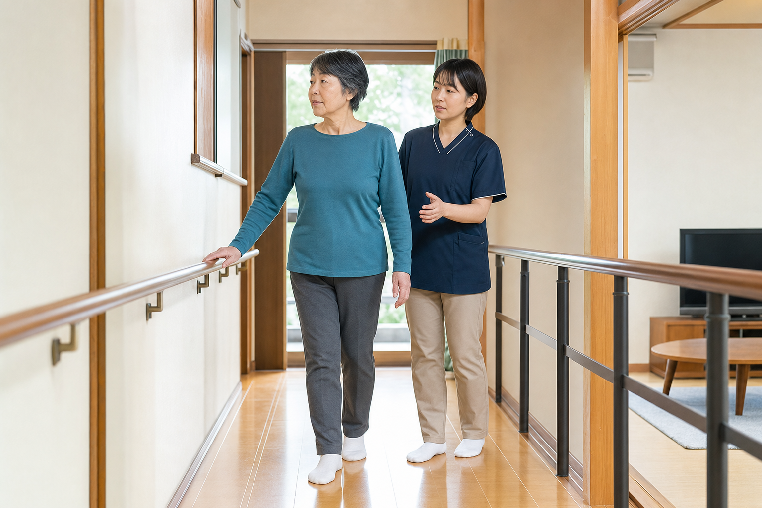 手すりと見守りのある環境で歩行と頭部運動を練習する様子