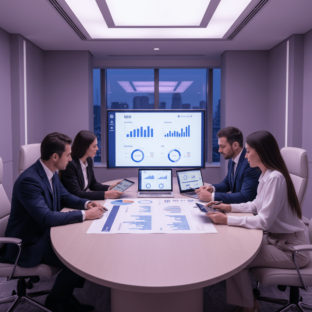 Hotel team reviewing SEO reporting and booking ROI in a conference room