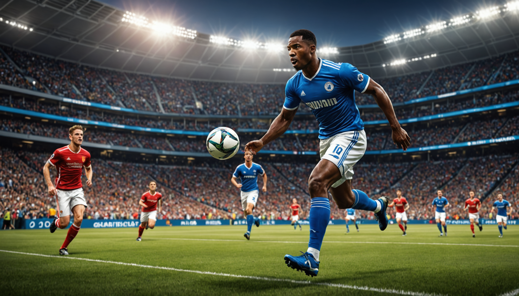 Sports player focused, energetic, dynamic action, vibrant stadium.