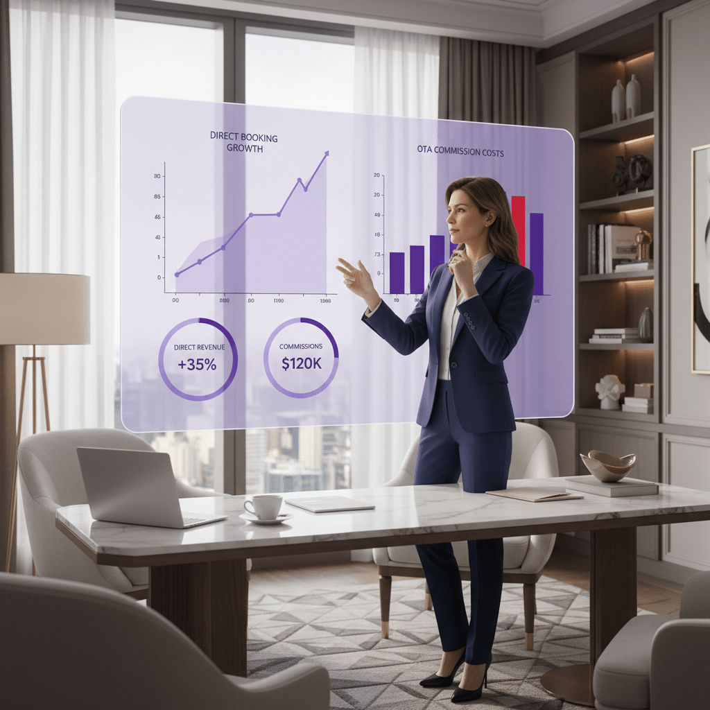 Hotel owner comparing direct booking revenue to OTA commission costs on a clean analytics screen