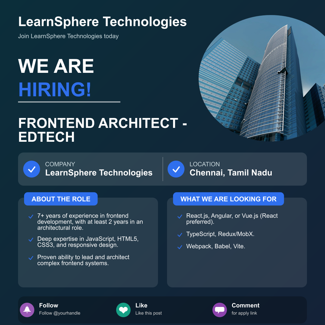 Frontend Architect - EdTech Job in Chennai, Tamil Nadu at LearnSphere Technologies