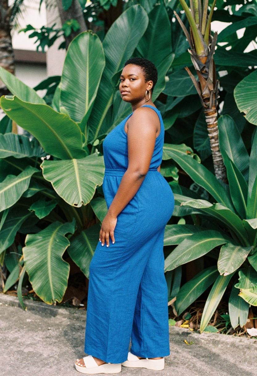 Cobalt blue wide-leg linen jumpsuit against a tropical backdrop for plus-size wedding guest style
