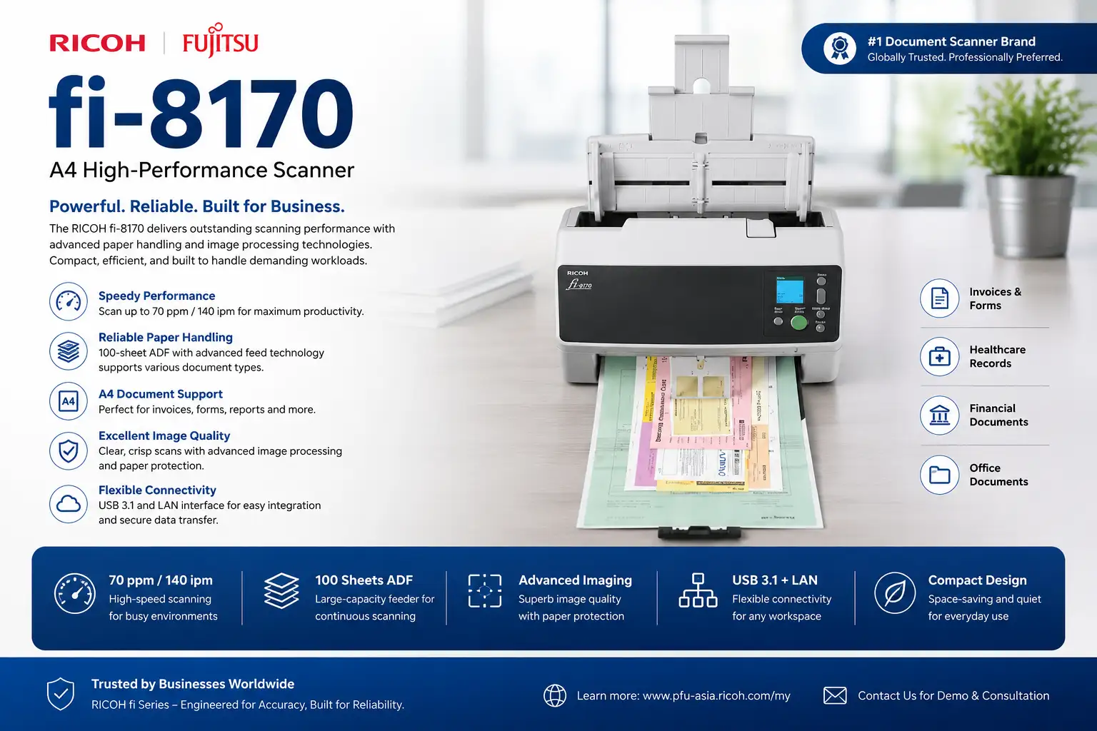 Ricoh Fujitsu fi-8170 A4 High-Performance Document Scanner with 70 ppm Duplex Scanning, 100-Sheet ADF and Advanced Paper Protection for Business in Malaysia
