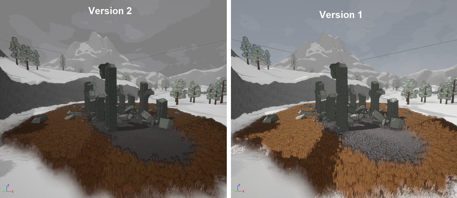 Versions 2 and 1 of the cel-shader on a ruins mock-up in Unreal Engine 5