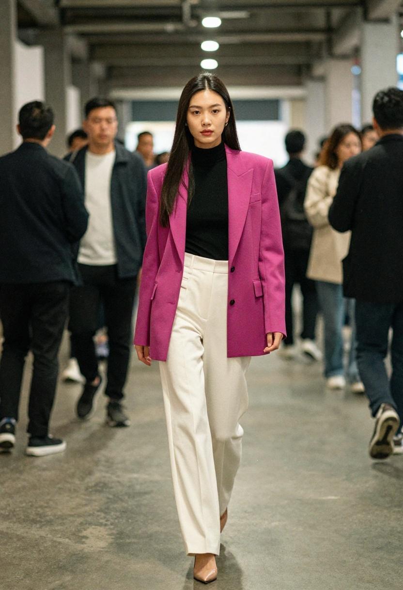 Fuchsia blazer over wide-leg ivory trousers for a striking speed dating first impression