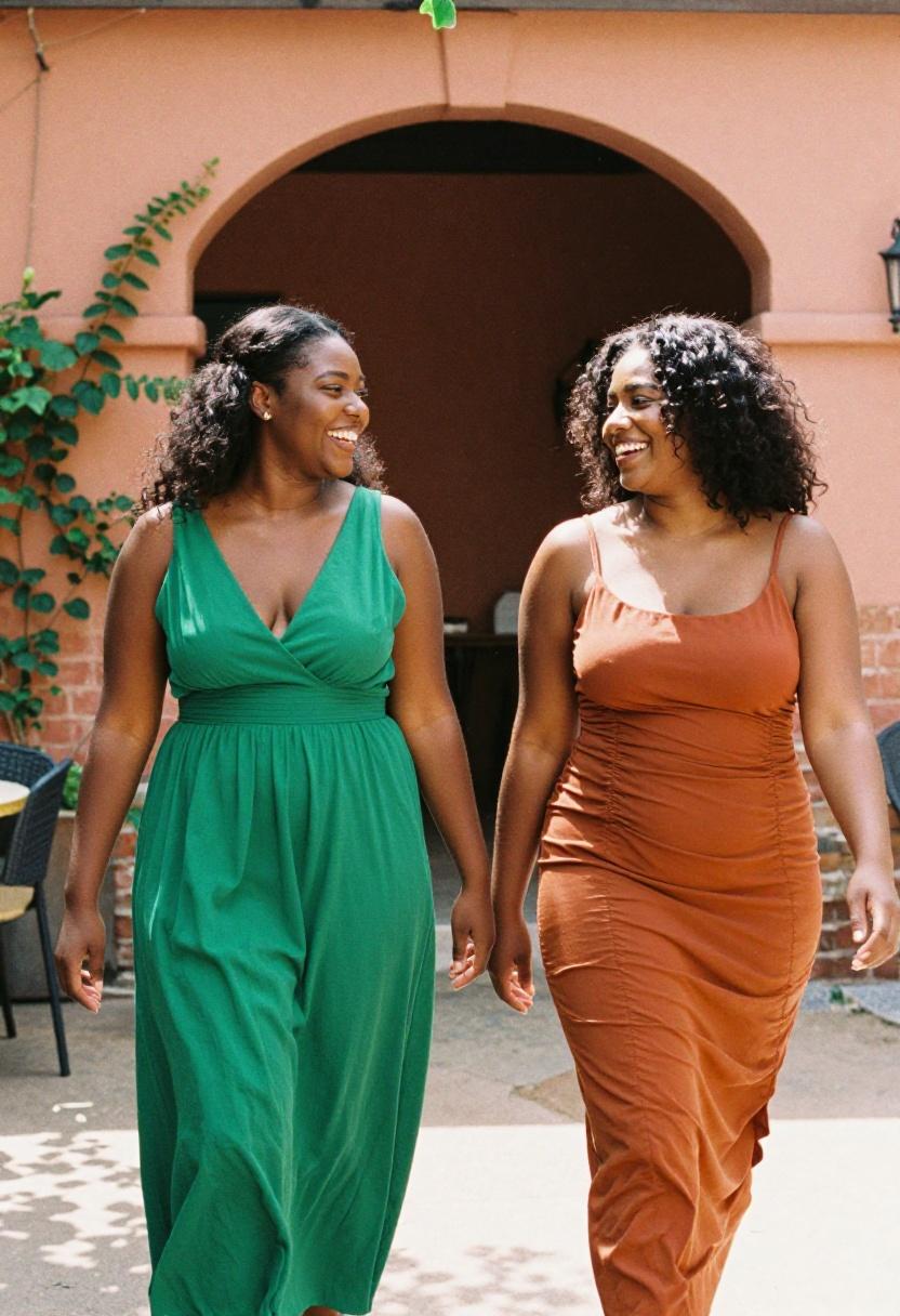 Two women in emerald and burnt orange maxi dresses walking through a sun-drenched patio archway