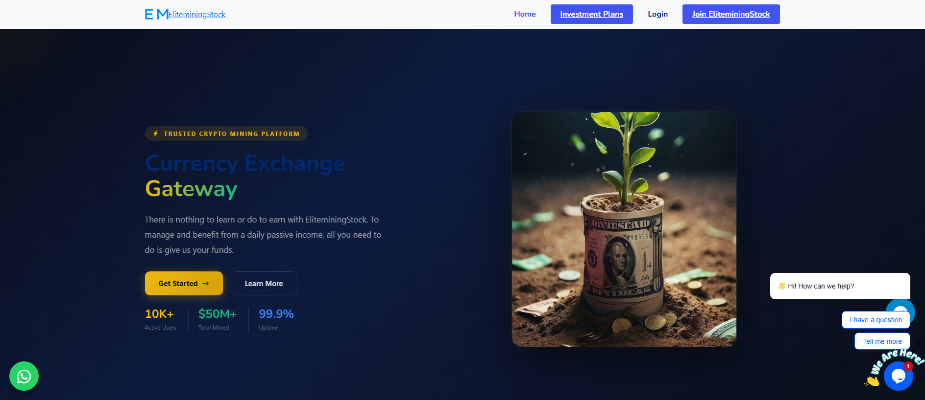 Forensic screenshot of eliteminingstock.org showing the phishing page layout