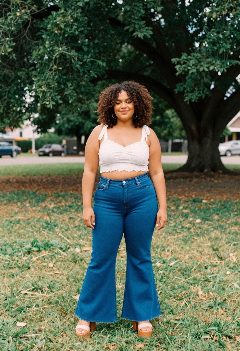 Curvy woman in cobalt blue high-waist flare jeans with white crop top in park setting