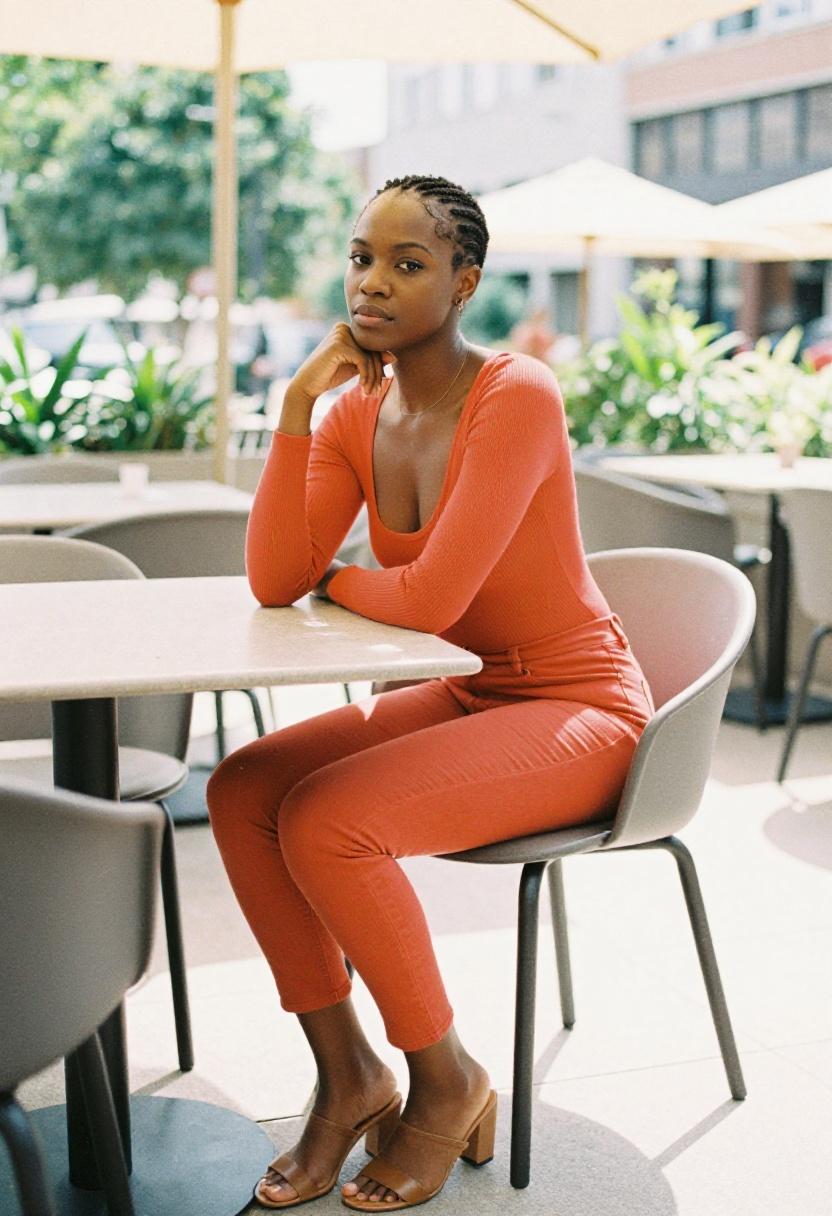 Tangerine ribbed bodysuit with cropped jeans outdoor patio casual outfit