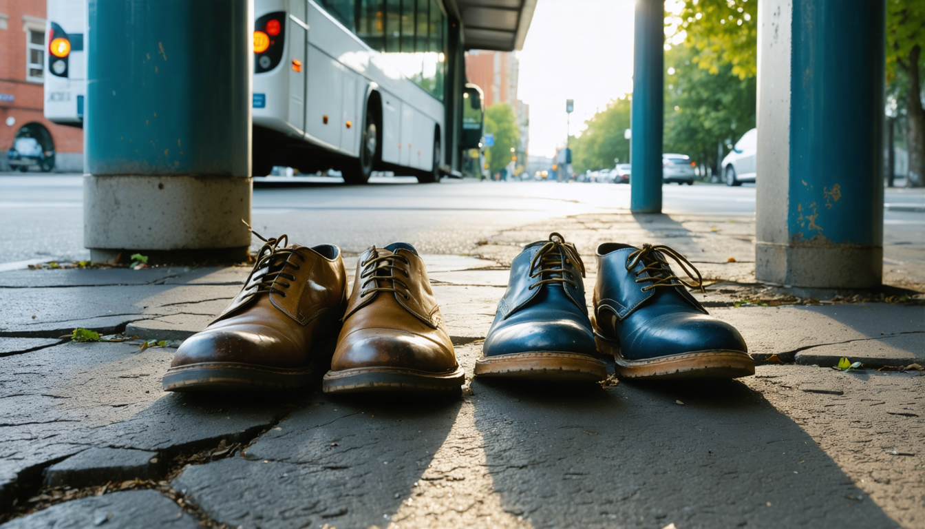 A pair of worn shoes arranged neatly side by side on pavement beneath a bus shelter in early morning light.