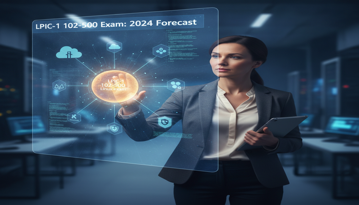 A technology expert examining a dynamic holographic display, showcasing the LPIC-1 102-500 Linux exam interconnected with future IT trends like cloud computing, containerization, automation, and cybersecurity for a 2024 forecast.