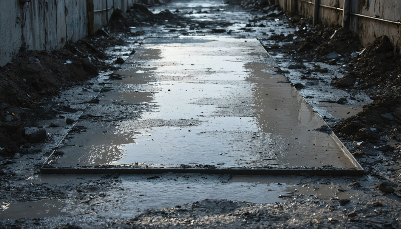 Fresh gray concrete recently poured over a patch of dark soil in an urban alley at dawn, its edges still wet and unfinished.