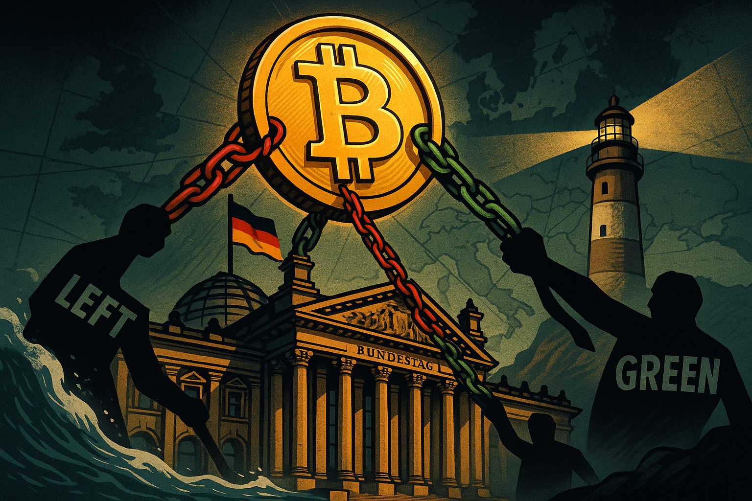 Illustration of Bitcoin taxation debate in Germany involving political parties