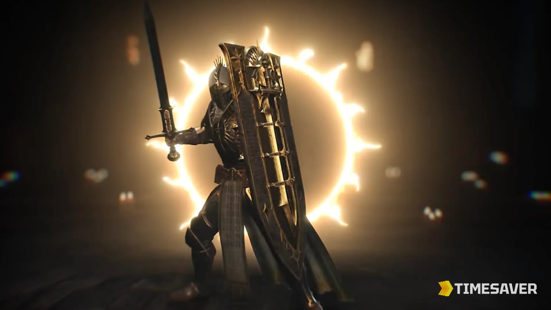 Diablo 4 Paladin with holy halo, sword and tower shield