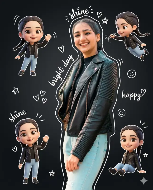 The Chibi Squad Blueprint prompt - Indian woman portrait, Sage green lehenga, Cute chibi avatars, Digital art illustration, Chalk doodle aesthetic, Smiling South Asian model, Traditional Indian fashion, Positive character design