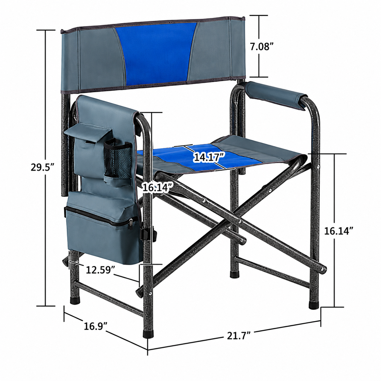 Folding camping chair dimension diagram with seat and overall measurements