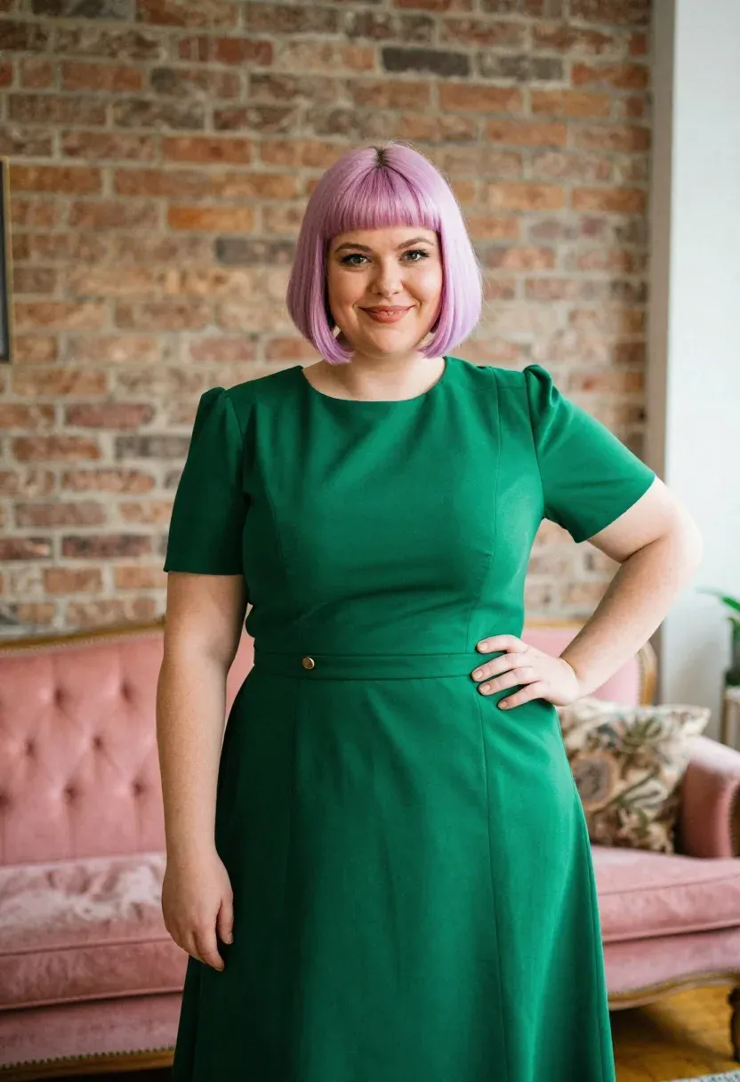 Plus-size woman with pink-lavender bob wearing an emerald green tailored A-line dress at the office