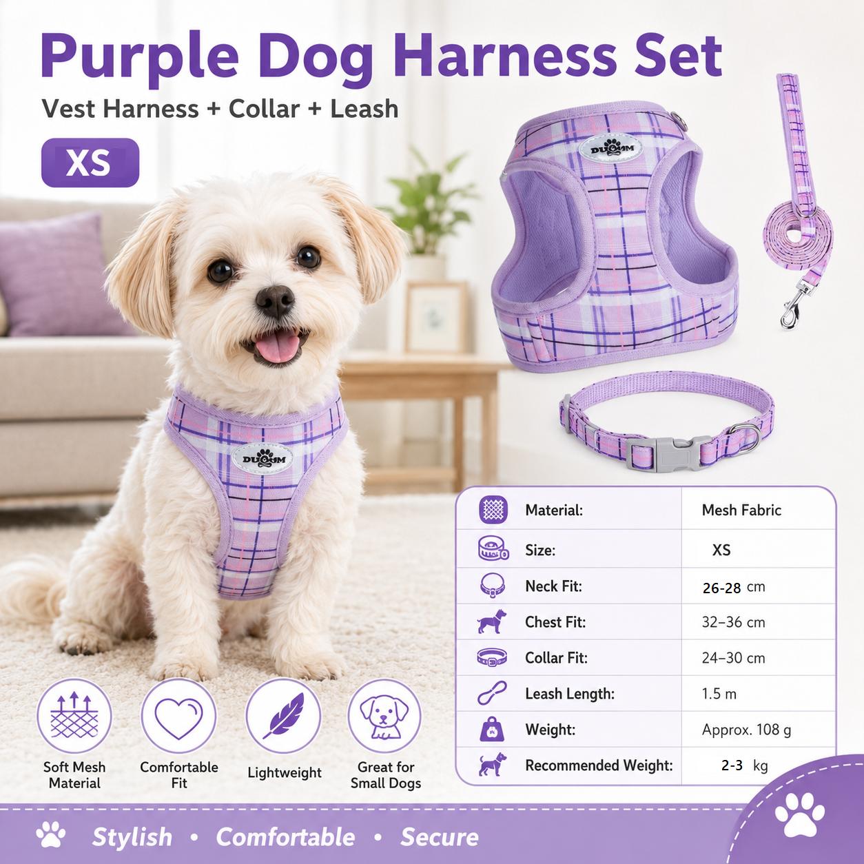 XS Size Purple Classic Plaid Dog Harness Set- Breathable Mesh Vest and Adjustable Collar,WIith 1.5m Lead for pet, Anti-Pull Design