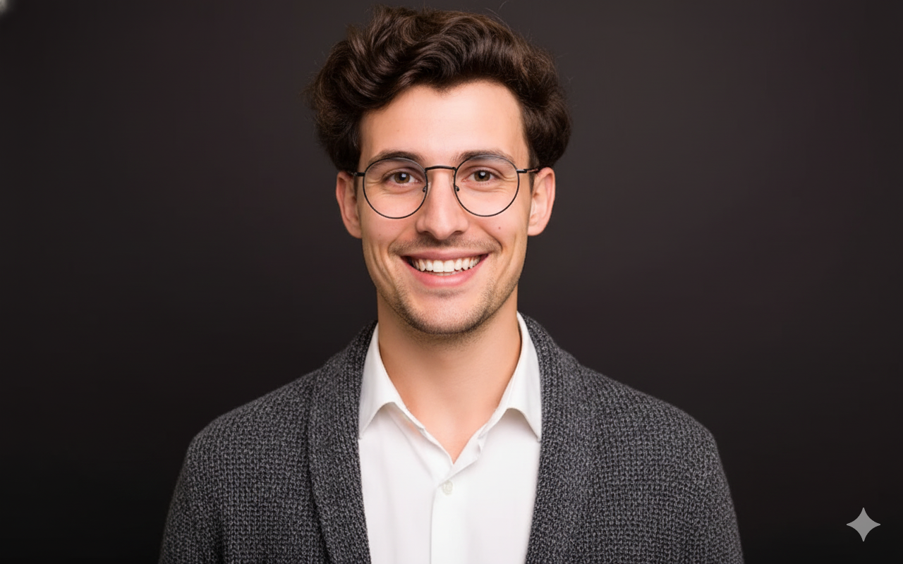 A warm and welcoming professional headshot of a young man with dark, curly hair and round glasses, smiling broadly and directly at the camera. He is wearing a smart charcoal cardigan over a white collared shirt, against a solid dark gray background. Bright, airy, and soft lighting creates a gentle catchlight in his eyes. The focus is sharp on his eyes, with a shallow depth of field and pleasing bokeh, highlighting the fabric of his cardigan, his hair, and natural skin
