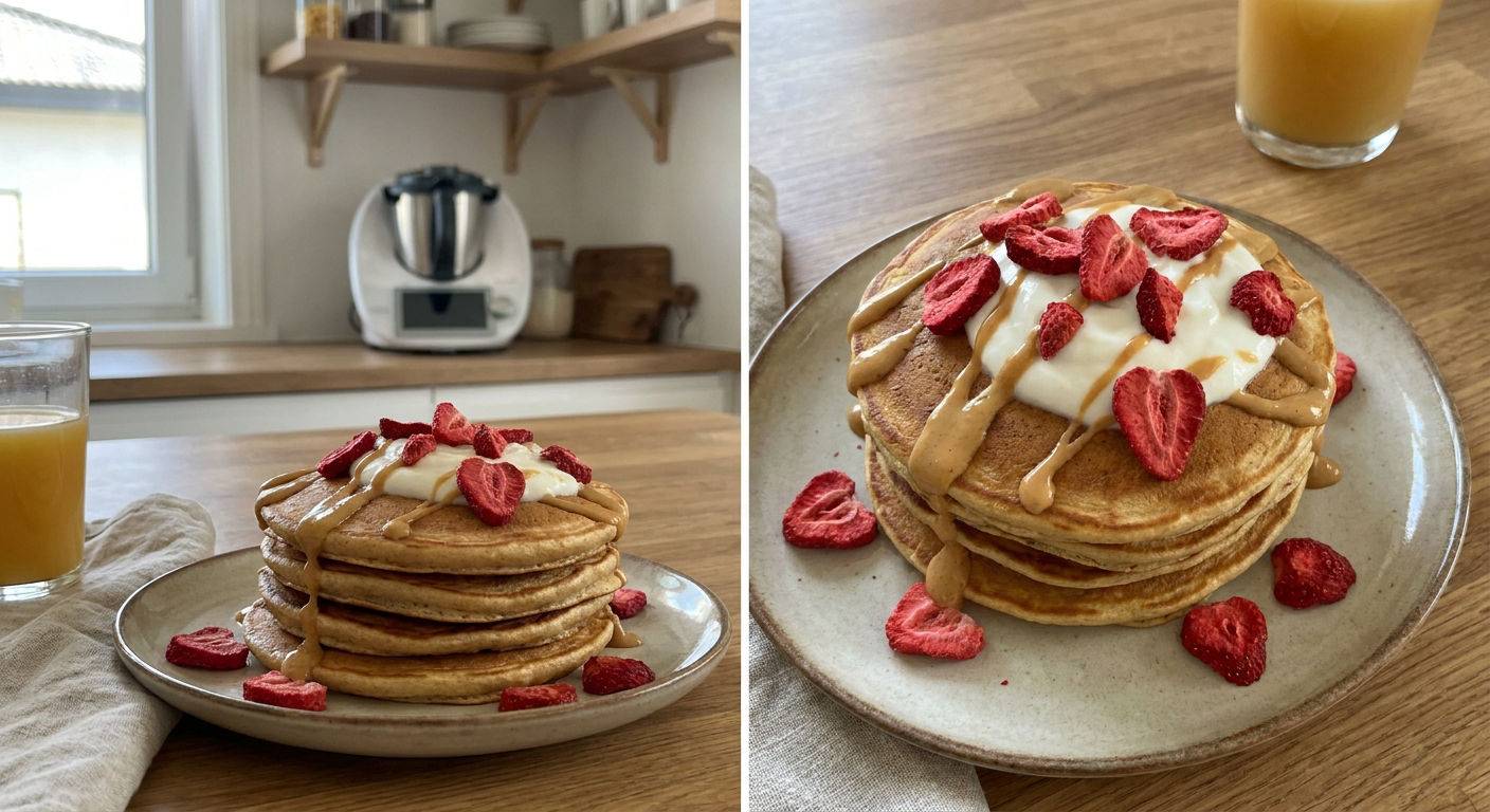 Puszyste pancakes thermomix z jogurtem i owocami.