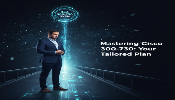Mastering Cisco 300-730: Your Tailored Plan A professional standing on a digital platform, looking down a clearly illuminated, personalized study path towards a glowing Cisco 300-730 SVPN certification badge, contrasting with confusing, tangled paths behind them. The image illustrates tailored exam strategy for the Cisco 300-730.