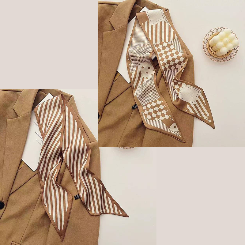 2-piece Coffee Geometric and Stripes French Style Long Silk Scarf - Coffee Print - Versatile Skinny Neck Ribbon, Hair Tie, Bag Handle Accessory, Elegant Office Wear, Lightweight Polyester