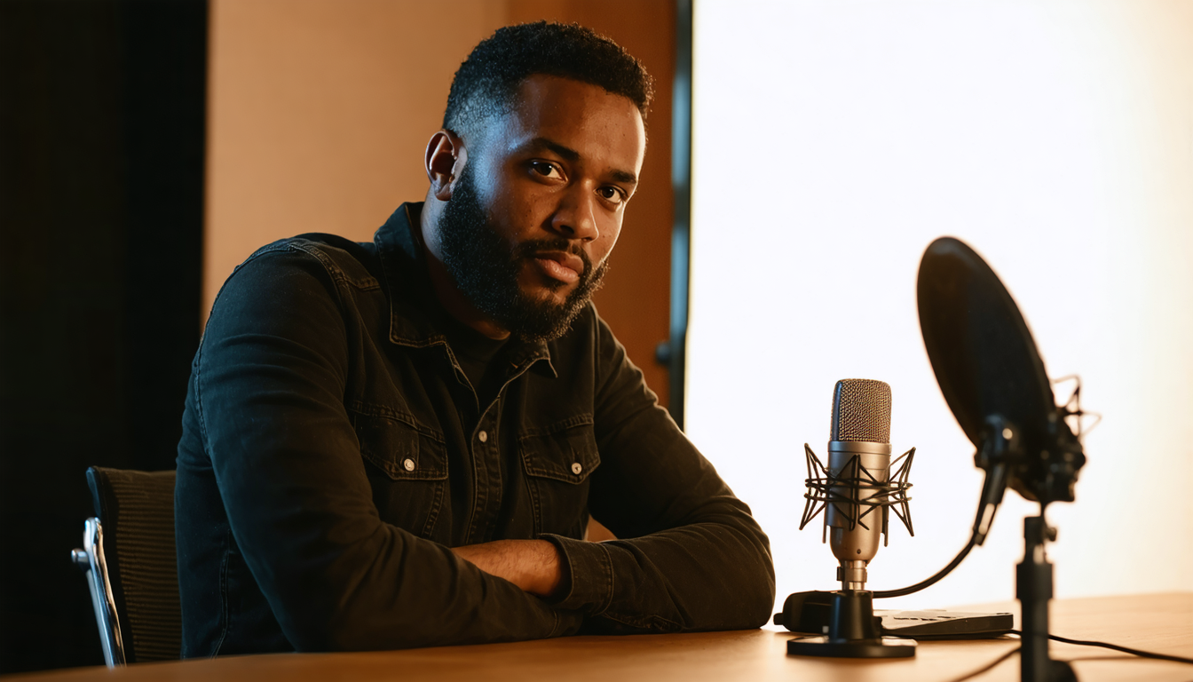 A man mid-conversation at a podcast table, caught in an unguarded expression, a microphone soft in the foreground.