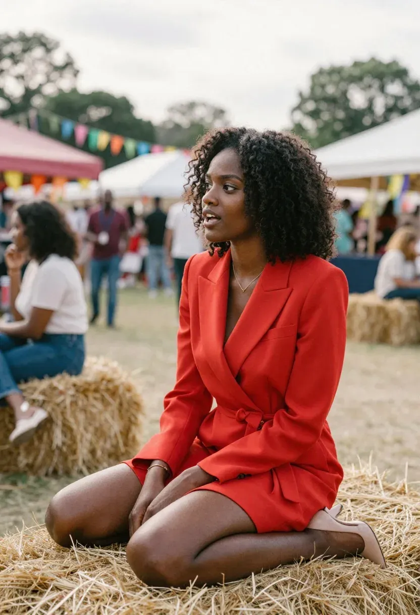 Black woman with natural coily hair wearing a fire-engine red tailored blazer dress at an outdoor setting