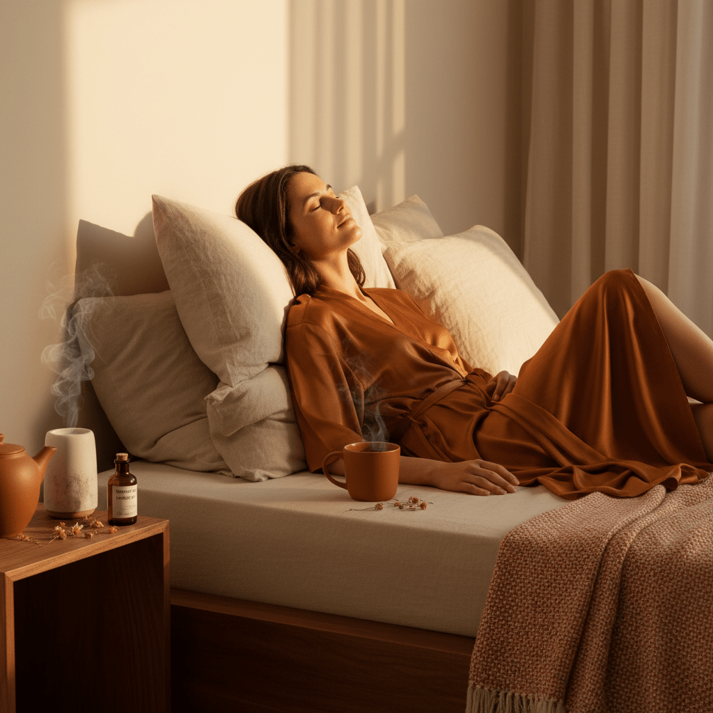 Calm woman with herbal oil and tea in soft evening light