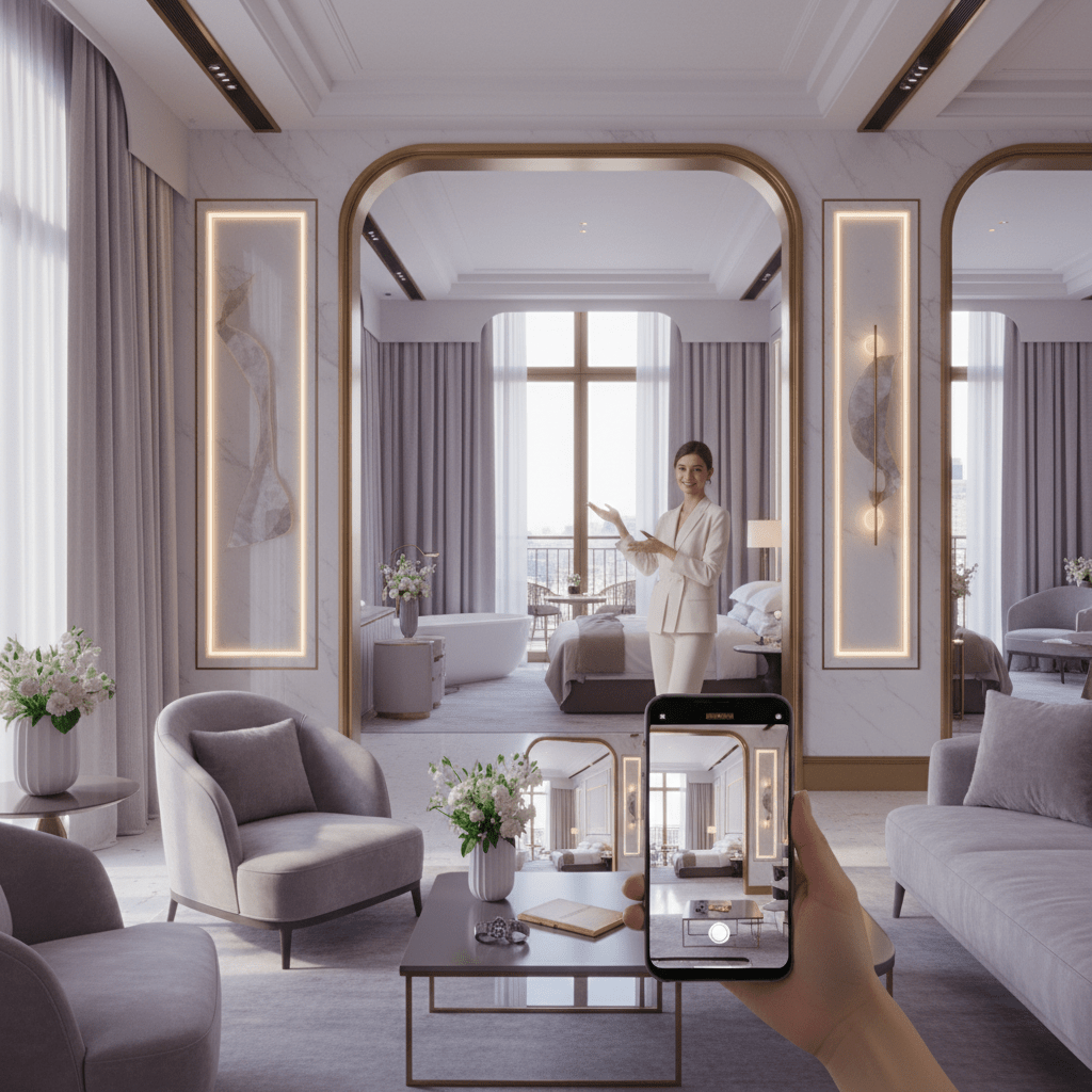 Luxury hotel social media branding scene with elegant lobby and smartphone filming a polished room tour