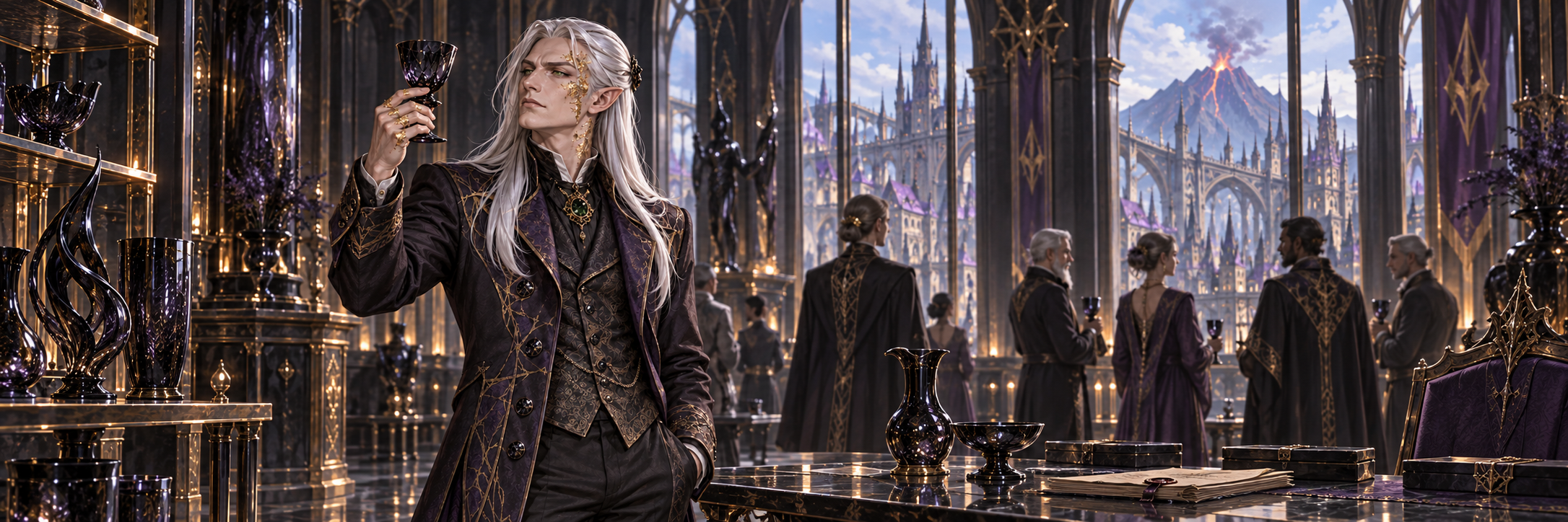 Alaric Vesryn inspecting blackglass during a foreign reception