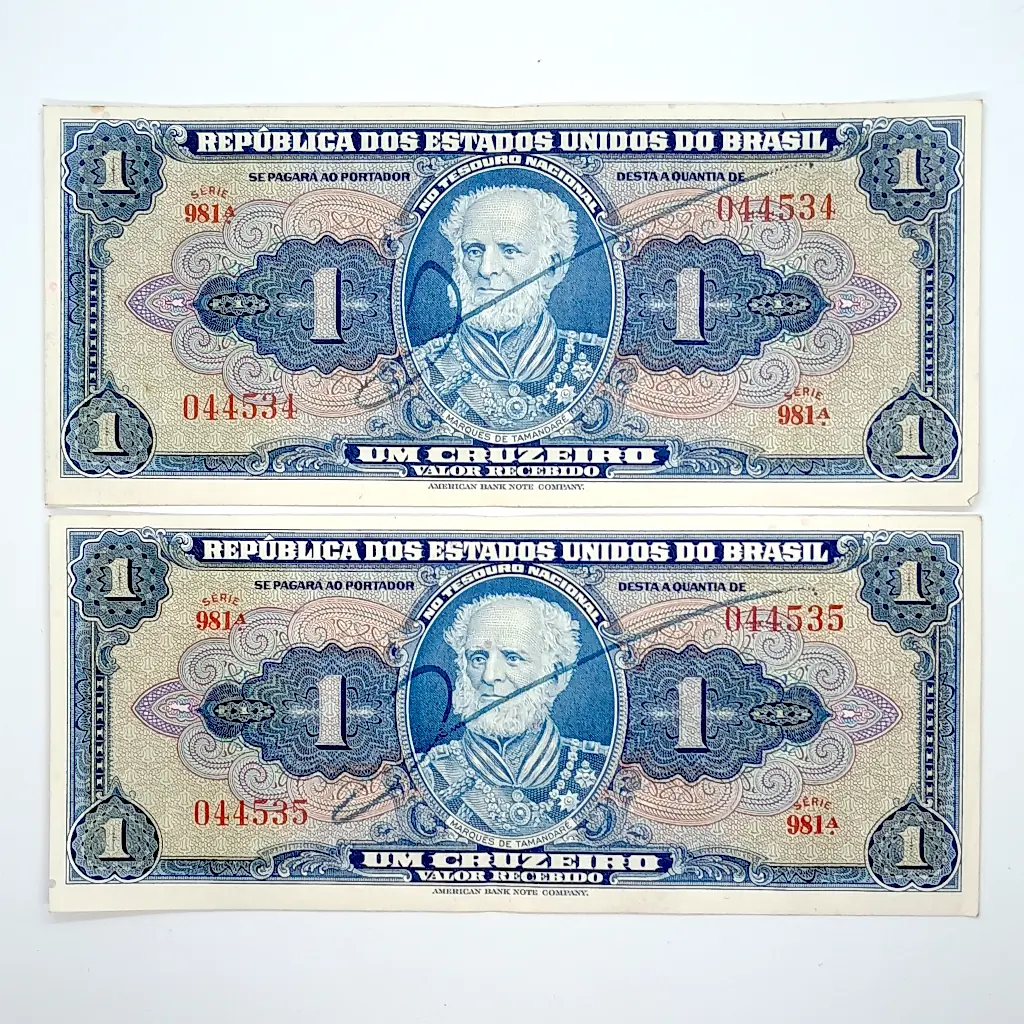 2 Cédulas do Brasil 1 Cruzeiro 1944 Autografadas Sequenciais – Marquês de Tamandaré – C013 SOB.