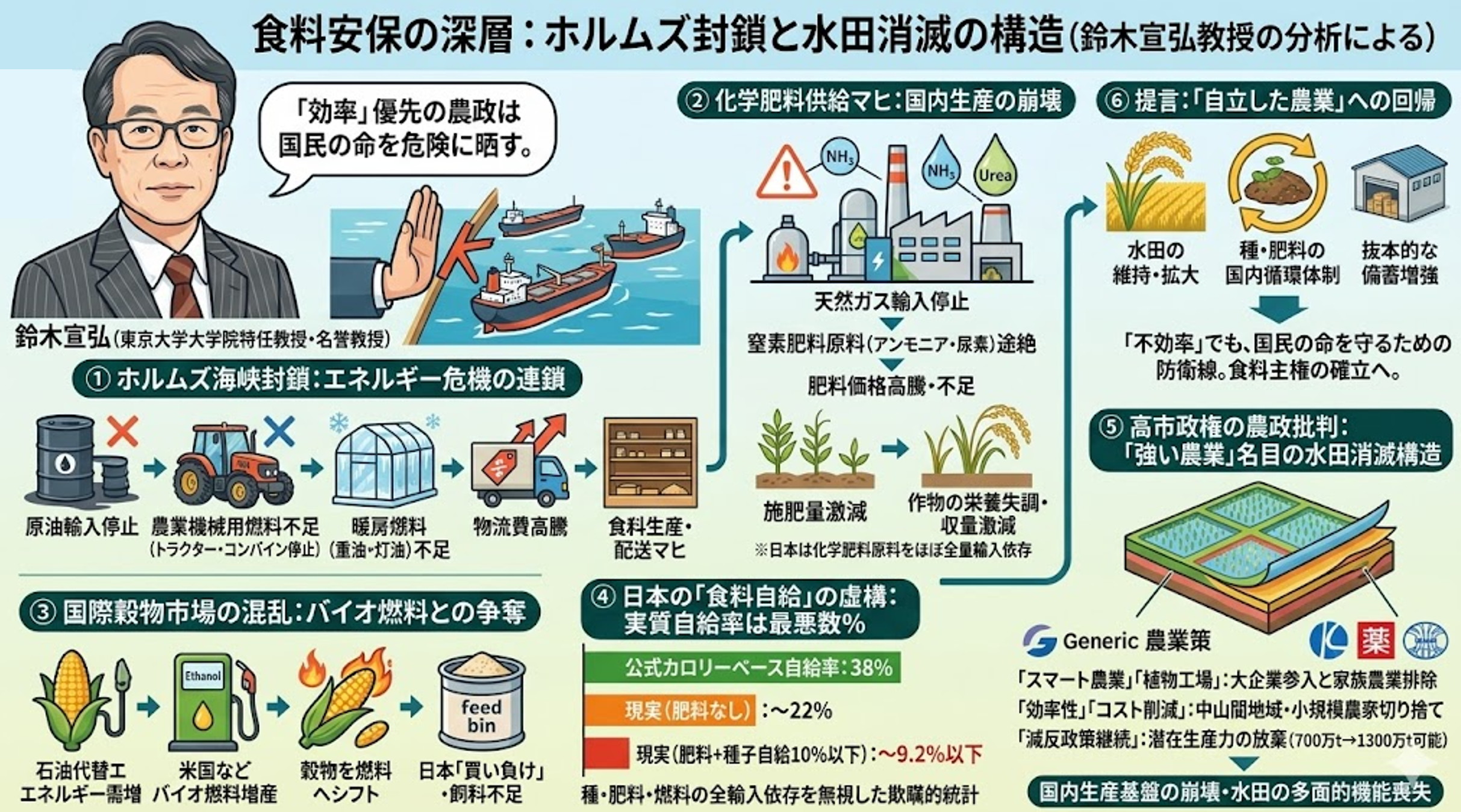 鈴木宣弘教授の主張の核心は、目先の効率やコスト削減ではなく、国民の命を守るための「不効率でも自立した農業」への回帰である