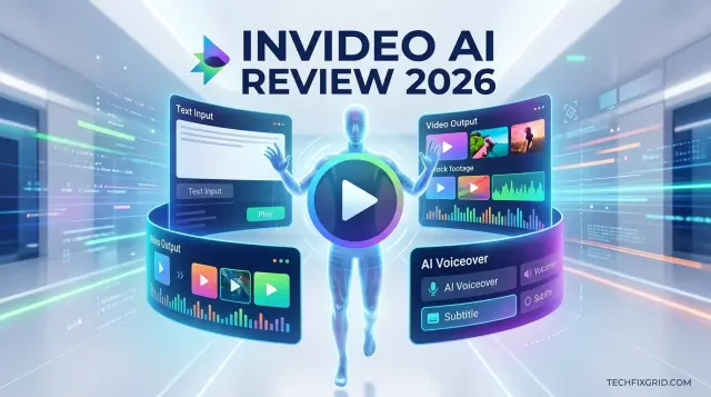 InVideo AI Review 2026 cover banner showing automated text-to-video generation features on TechFixGrid