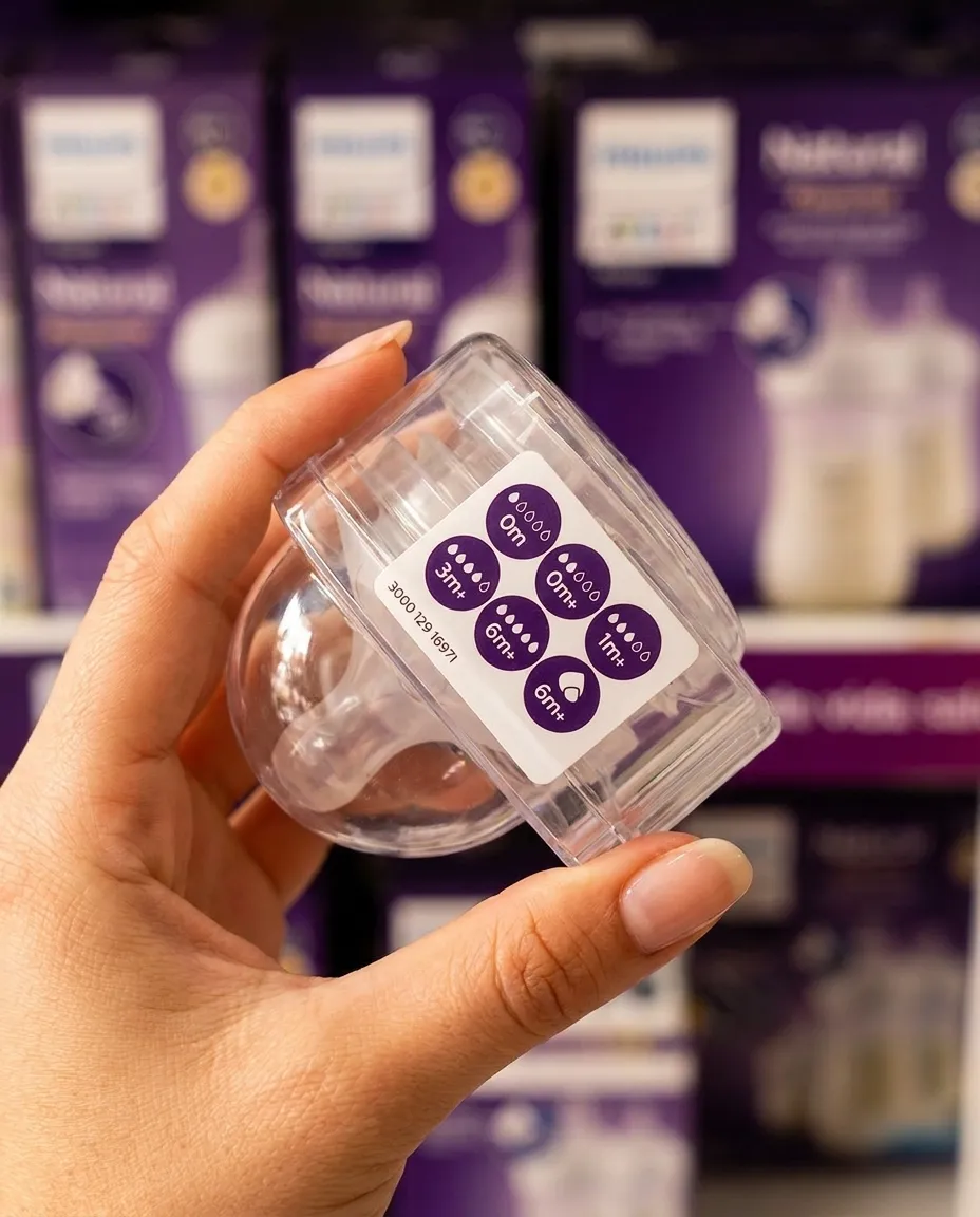 Etiqueta oficial Philips Avent — sistema de marcadores de flow rate por edad: 0m, 0m+, 1m+, 3m+, 6m+, 6m+