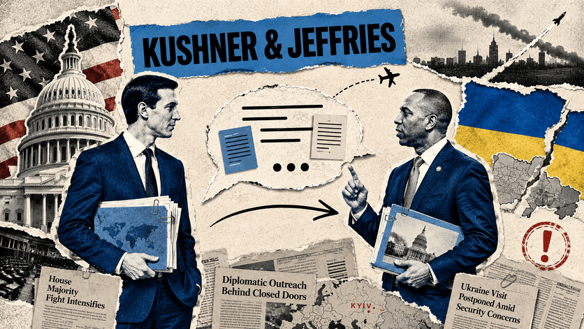 Jared Kushner and Hakeem Jeffries amid the U.S. Capitol and Ukraine diplomatic backdrop